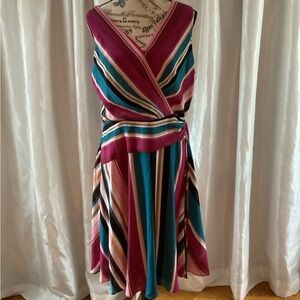 Roz & Ali Asymmetrical Dress in Pink, Teal, and Black Stripes